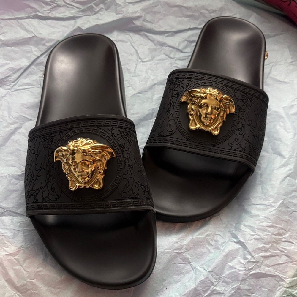 Versace Black Slides with Gold Medusa Emblem